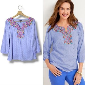 Talbots Embroidered Chambray Blouse Size L Cotton Peasant Top